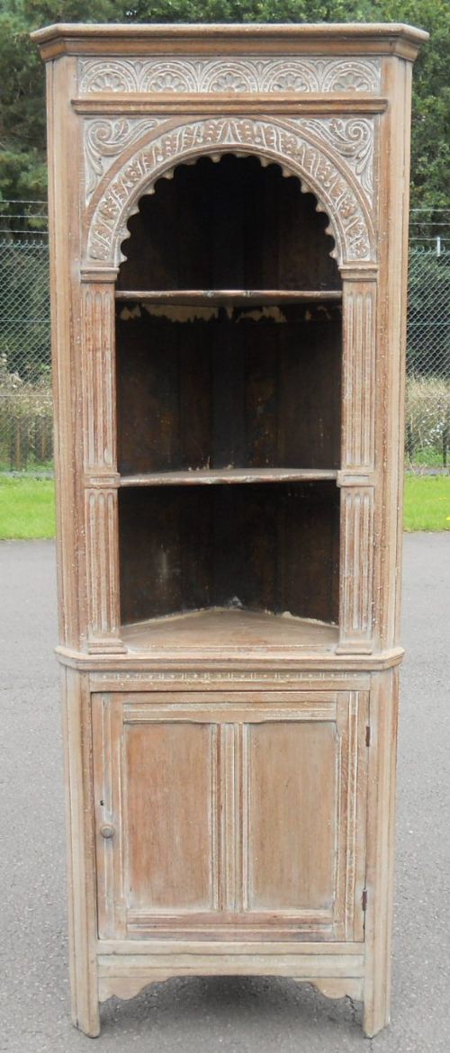 Bleached Oak Standing Carved Corner Cupboard