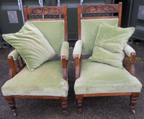 Pair Edwardian Carved Walnut Salon Armchairs