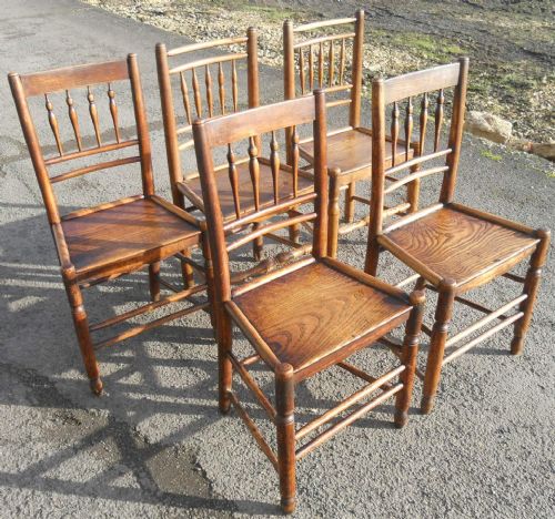 Five Antique Elm Country Dining Chairs