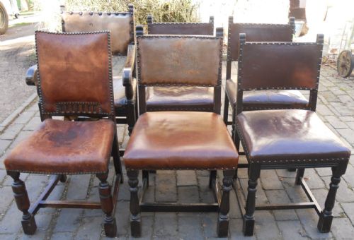 Six Cromwellian Style Oak & Leather Dining Chairs