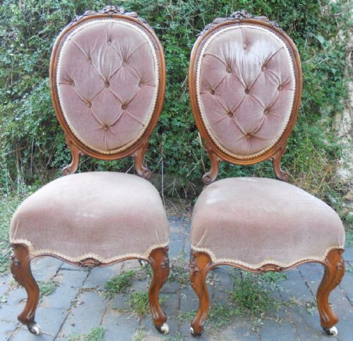 Pair Victorian Oval Walnut Salon Chairs