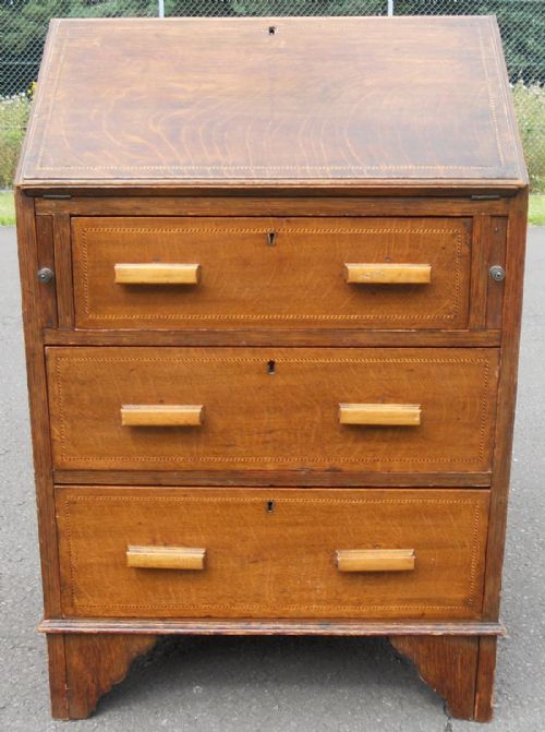 Small Edwardian Inlaid Oak Writing Bureau