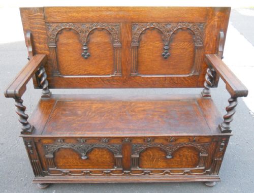 Carved Oak Monks Bench