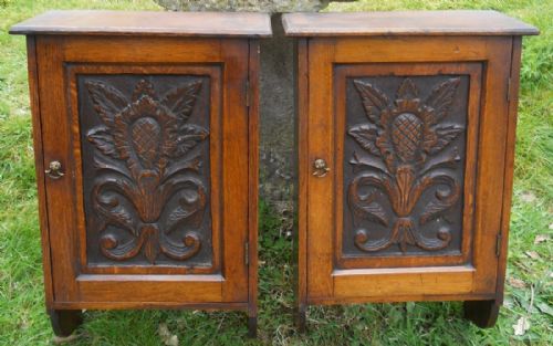 Pair Small Victorian Carved Oak Hanging Wall Cupboards