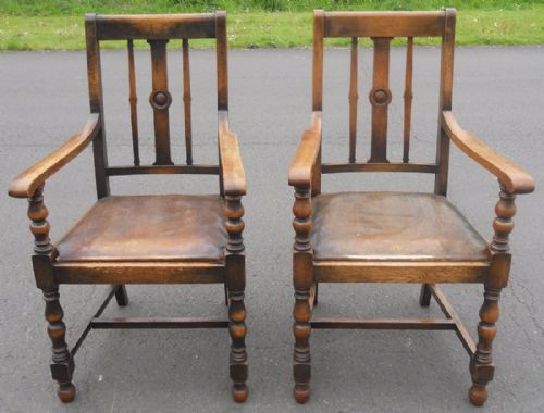 Pair Oak Highback Carver Armchairs