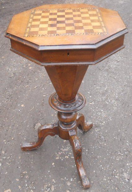 Victorian Chess Top Walnut Workbox