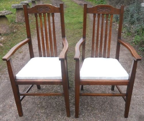 Pair Edwardian Oak Carver Armchairs