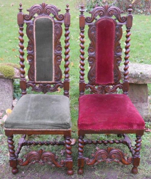Pair Victorian Carved Oak Hall Chairs