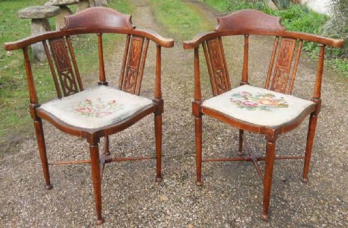 Pair Edwardian Inlaid Mahogany Corner Armchairs