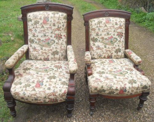 Edwardian Ladies & Gents Upholstered Salon Armchairs