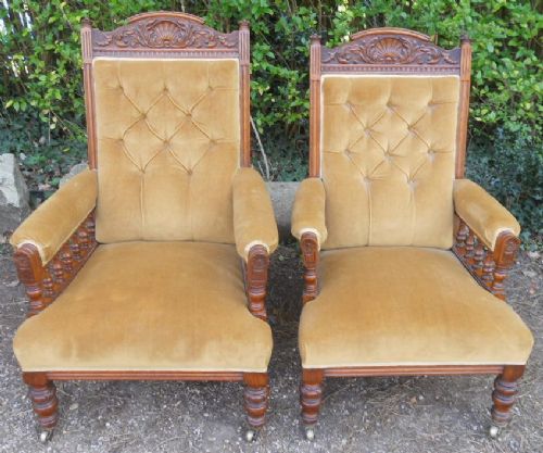 Pair Edwardian Oak Salon Armchairs