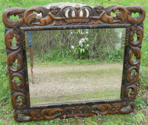 Carved Walnut Framed Hanging Wall Mirror with Cherub & Crown Detail