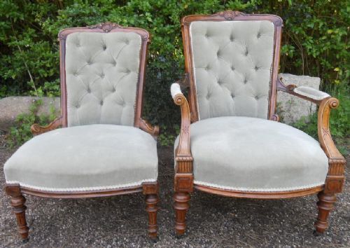 Pair Edwardian Walnut Framed Upholstered Salon Chairs