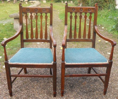 Pair Edwardian Oak Carver Armchairs