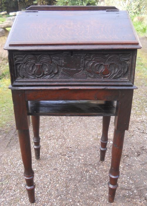 Antique Carved Oak Bible Box on Stand