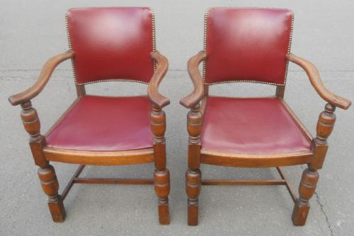 Pair Oak Framed Carver Armchairs