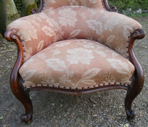 VICTORIAN MAHOGANY FRAMED UPHOLSTERED ARMCHAIR - ADDITIONAL PHOTO 3