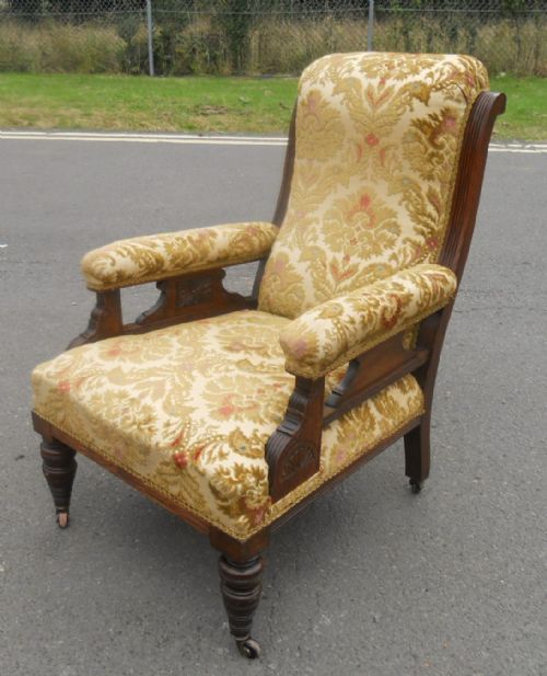 VICTORIAN MAHOGANY FRAMED UPHOLSTERED FIRESIDE ARMCHAIR - ADDITIONAL PHOTO 2