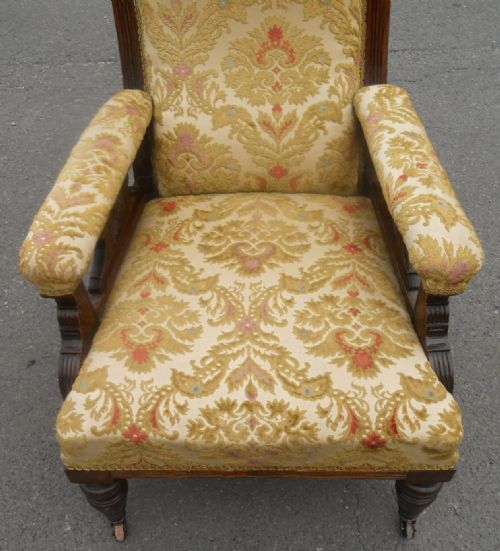 VICTORIAN MAHOGANY FRAMED UPHOLSTERED FIRESIDE ARMCHAIR - ADDITIONAL PHOTO 4