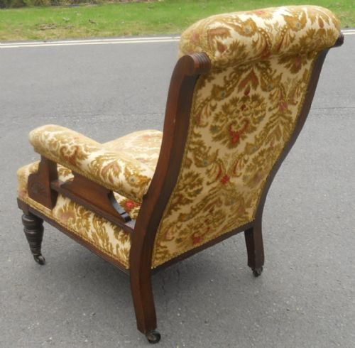 VICTORIAN MAHOGANY FRAMED UPHOLSTERED FIRESIDE ARMCHAIR - ADDITIONAL PHOTO 7
