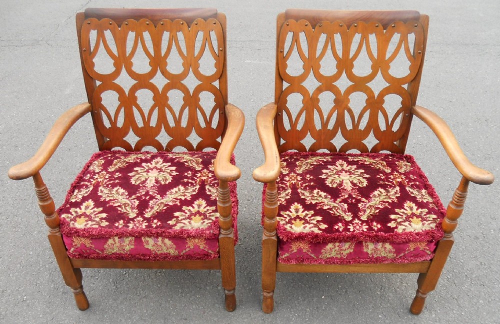 Pair Deco Walnut Easy Armchairs 