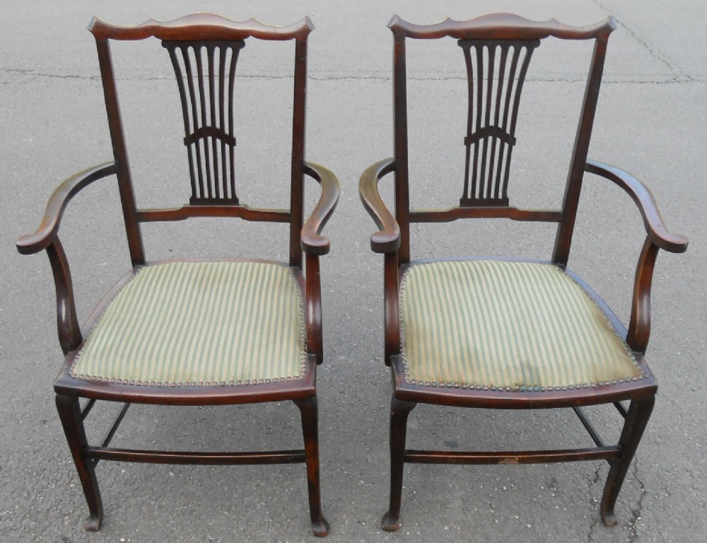 Pair Edwardian Mahogany Salon Armchairs
