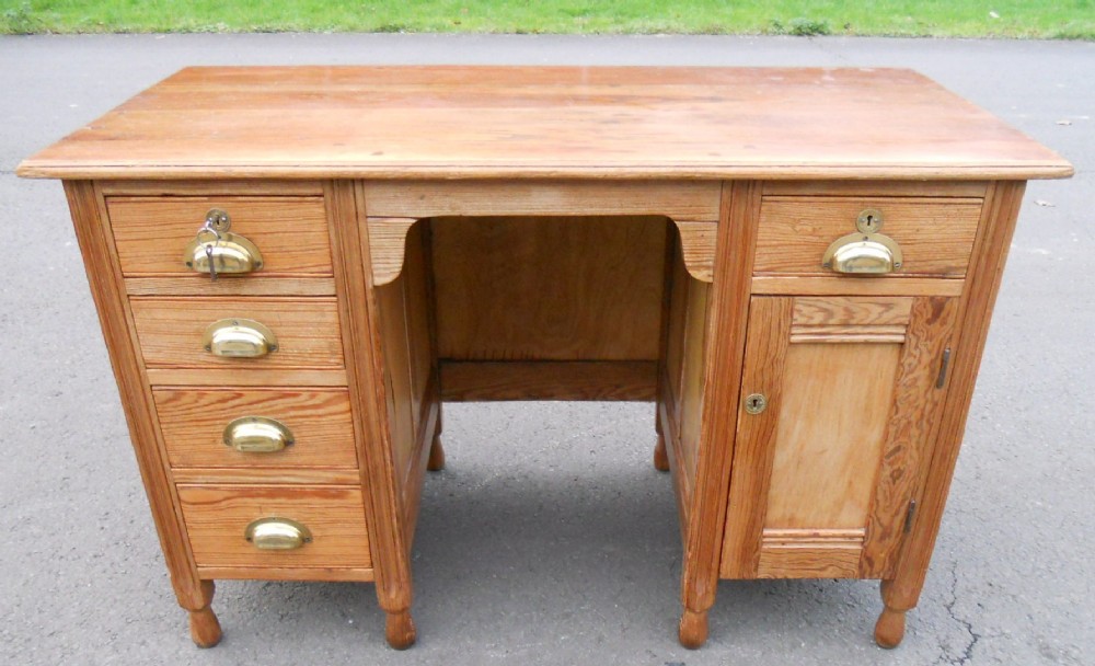 Edwardian Pitch Pine Kneehole Writing Desk 