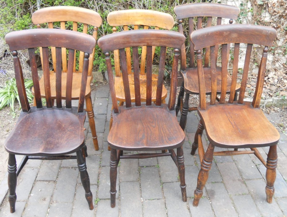 Six Victorian Elm Seated Kitchen Chairs 