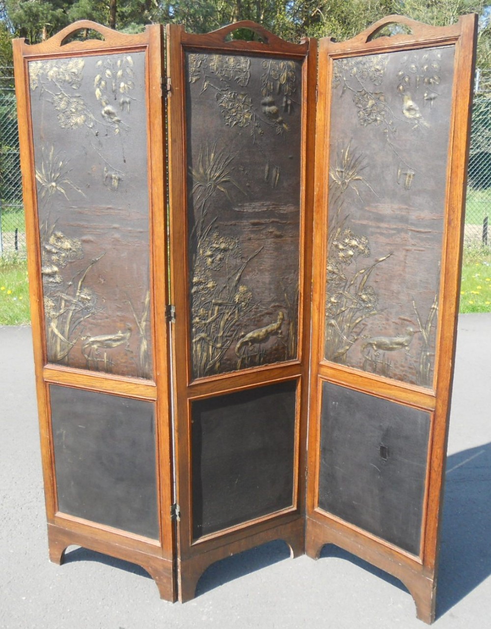 Edwardian Oak Framed Three Fold Screen