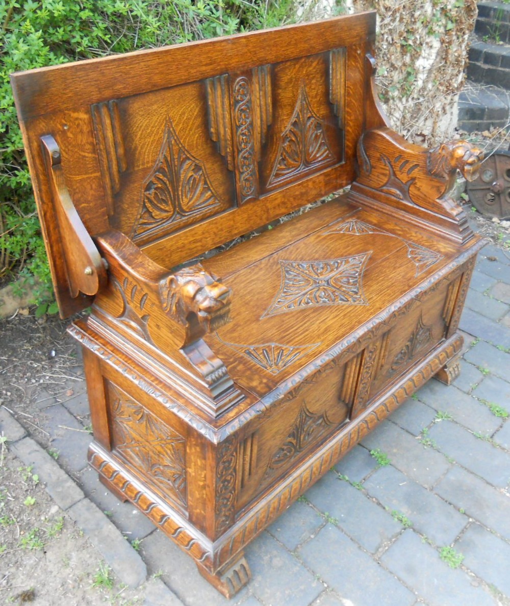 Carved Oak Monks Bench
