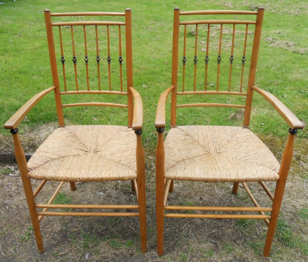 Pair Elm Spindleback Rush Seat Carver Armchairs