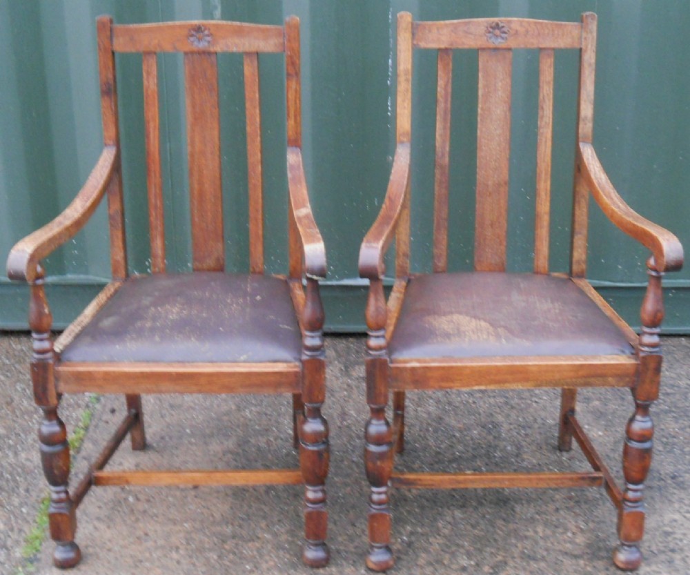Pair Oak Carver Armchairs 