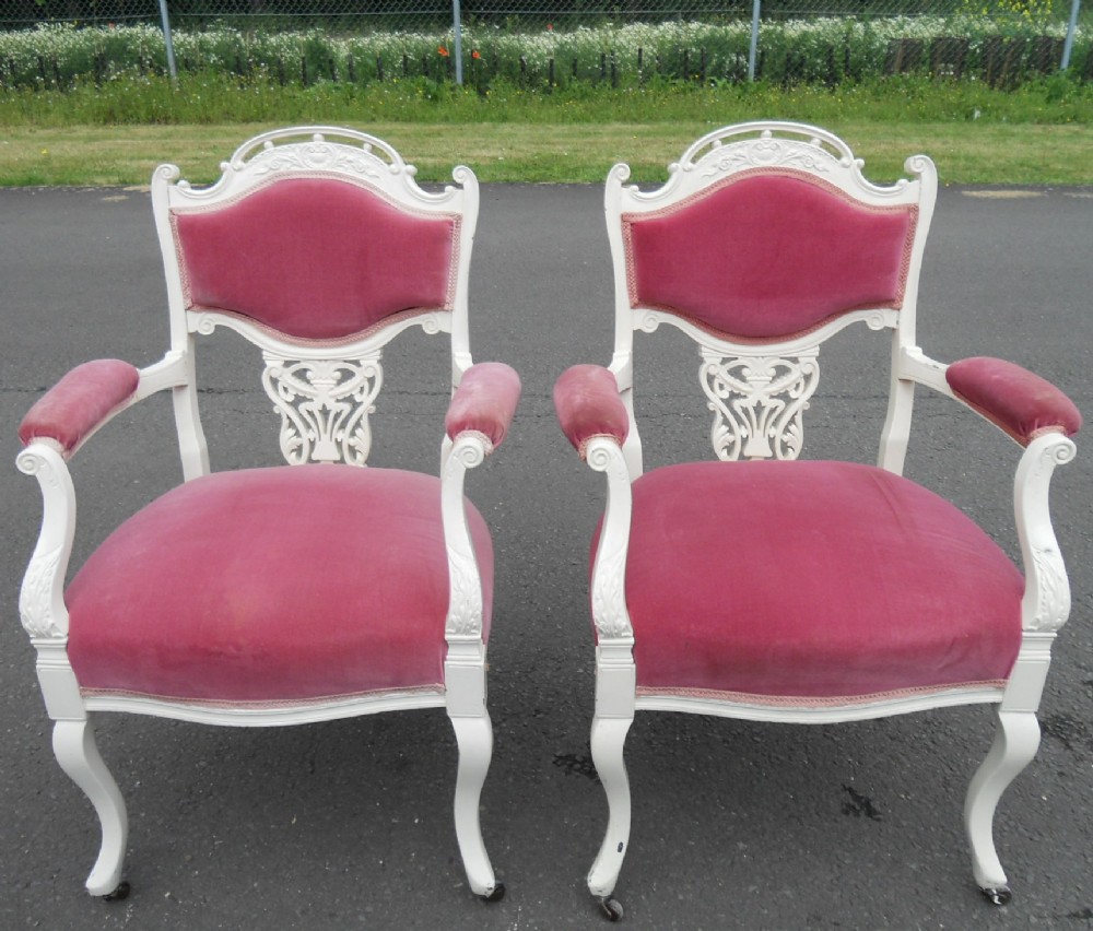 Pair Edwardian Painted Salon Armchairs 