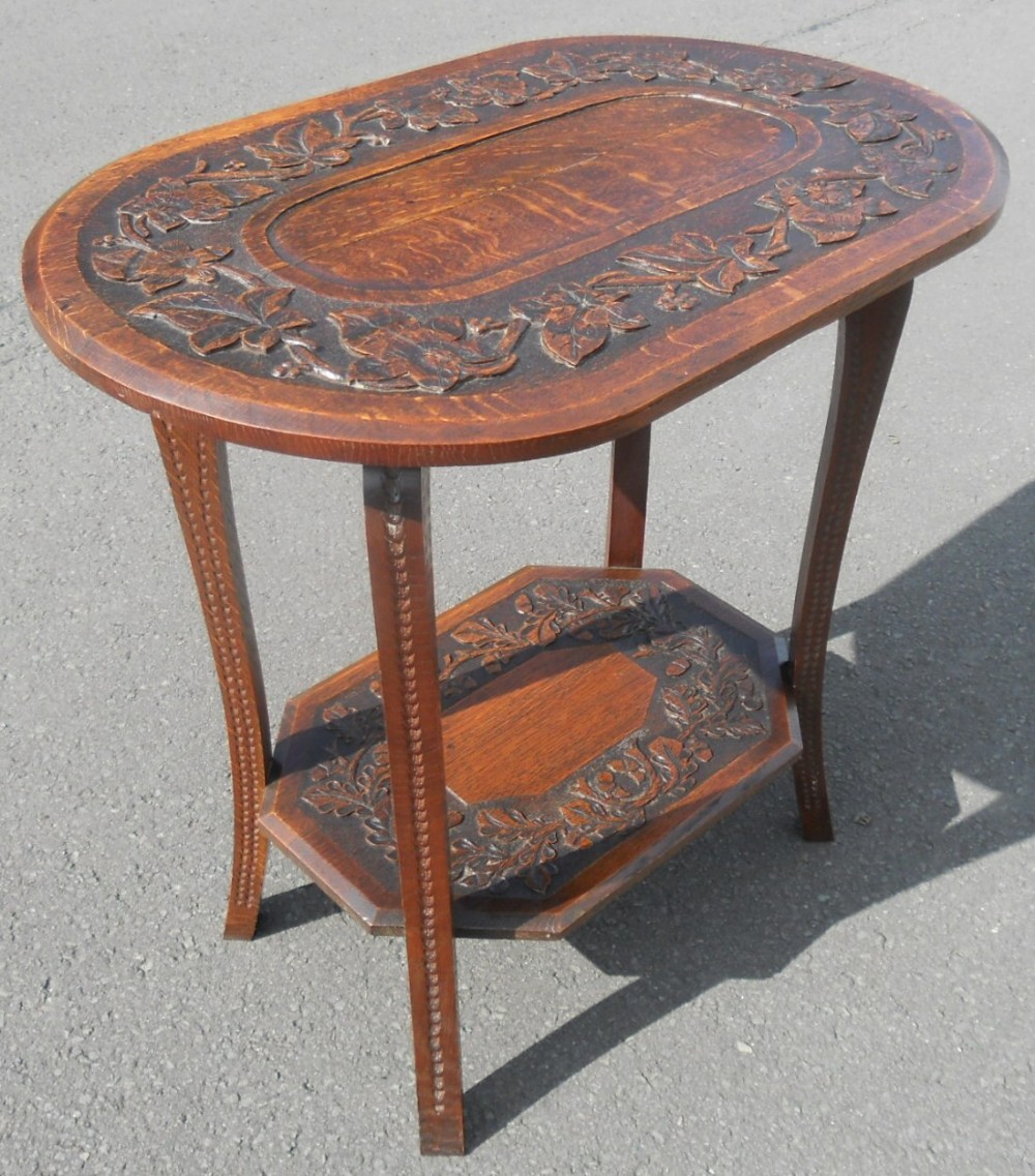 Edwardian Carved Oak Oval Two Tier Occasional Table 