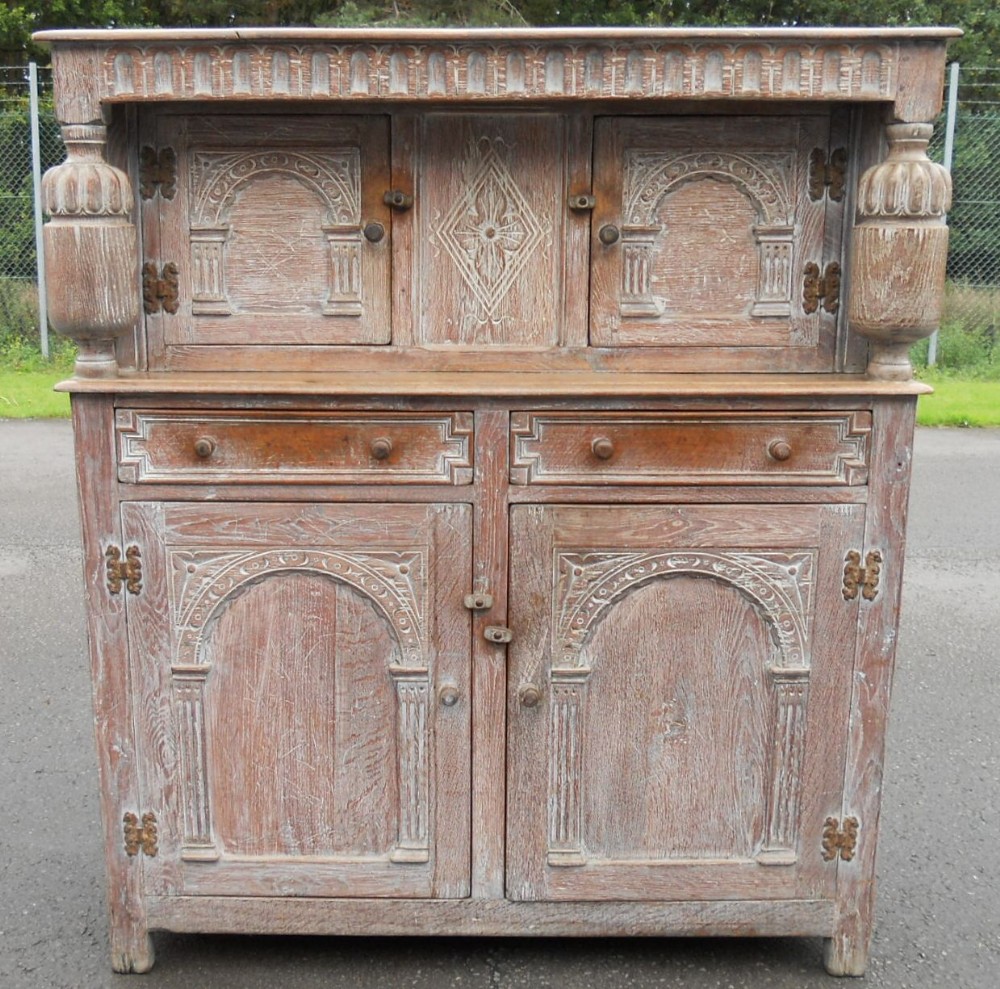 Carved Oak Limed Court Cupboard 