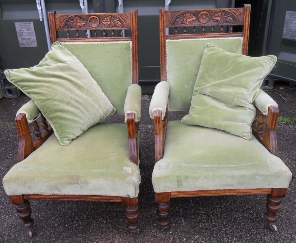 Pair Edwardian Carved Walnut Salon Armchairs 