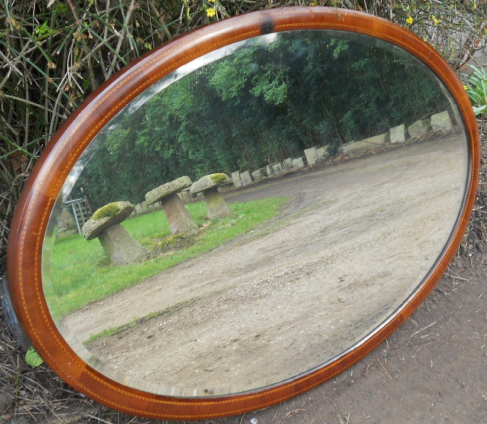 Large Edwardian Oval Mahogany Inlaid Wall Mirror