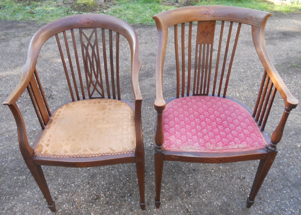 Two Edwardian Inlaid Mahogany Salon Armchairs 