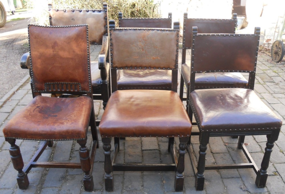 Six Cromwellian Style Oak & Leather Dining Chairs 