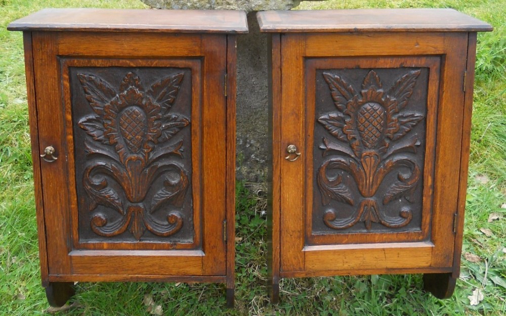 Pair Small Victorian Carved Oak Hanging Wall Cupboards