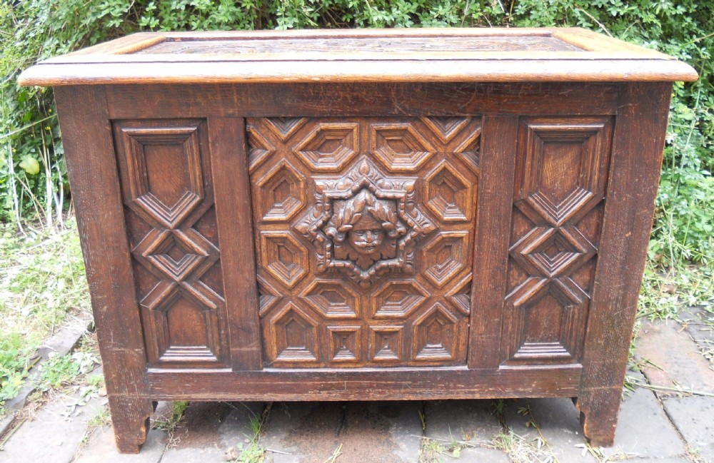 A rectangular Victorian carved oak blanket chest featuring a central carved face mask surrounded by geometric panel mouldings. View IV