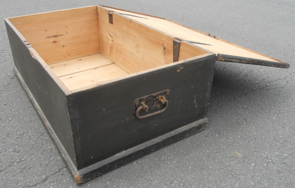 A rectangular black painted Victorian pine travelling box with a keyhole on the front panel and a metal plaque on the lid. View IX