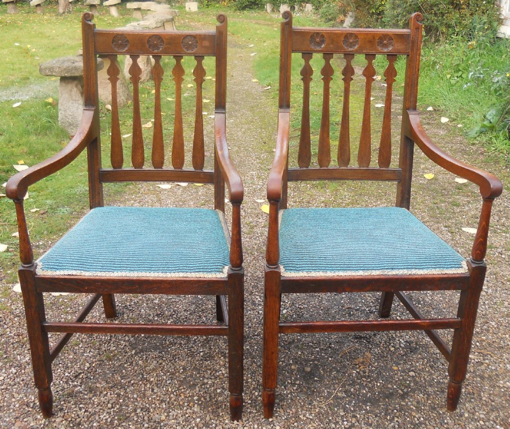 Pair Edwardian Oak Carver Armchairs 