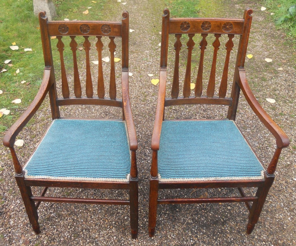 Pair Edwardian Oak Carver Armchairs  View II