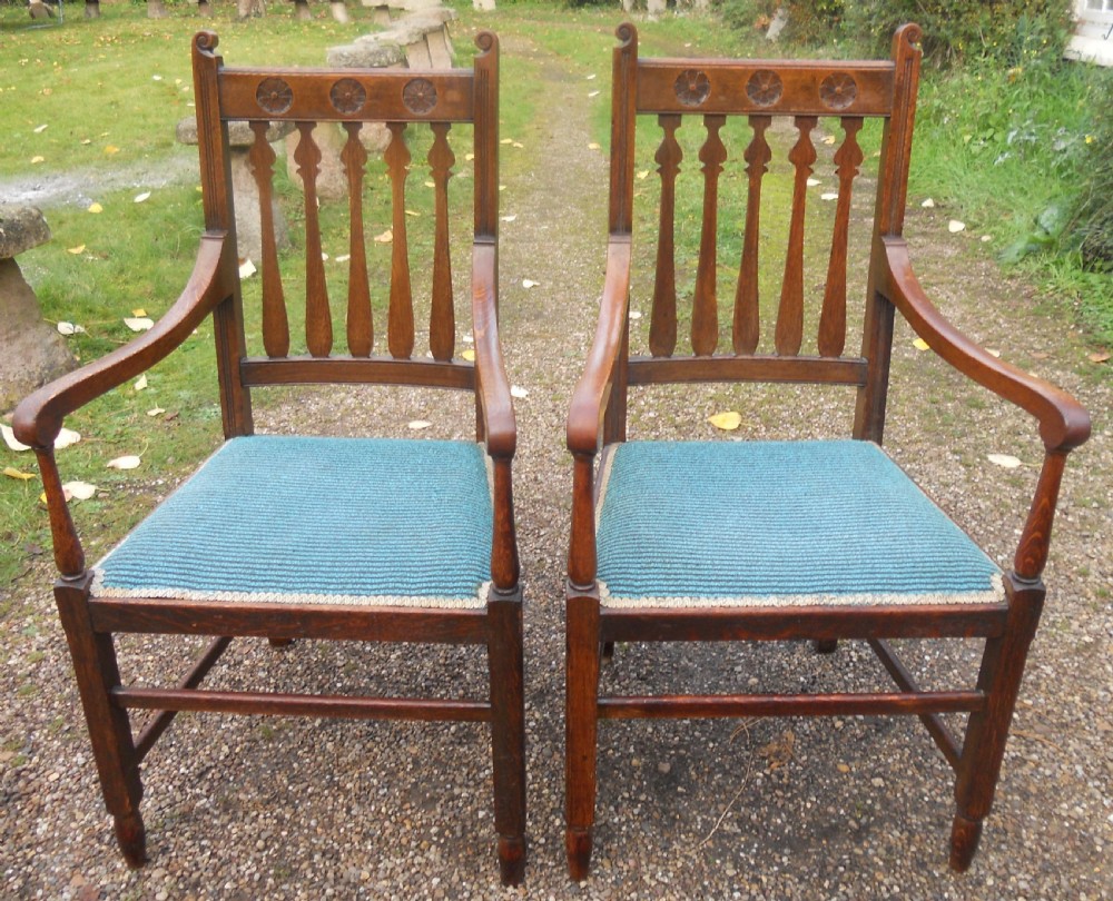 Pair Edwardian Oak Carver Armchairs  View III
