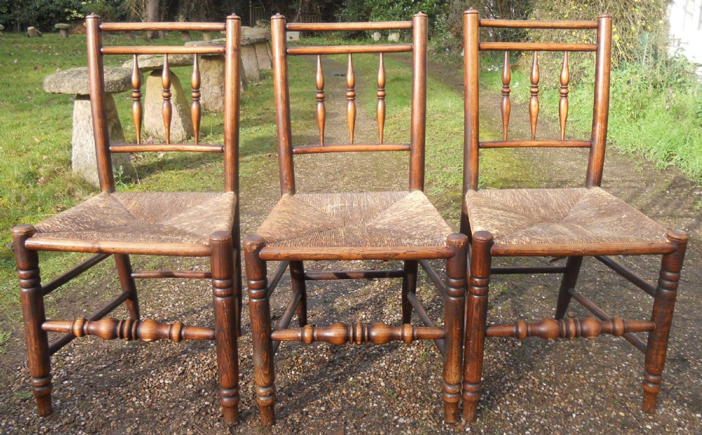 Set of Three Victorian Elm Spindle back Rush Seat Chairs 