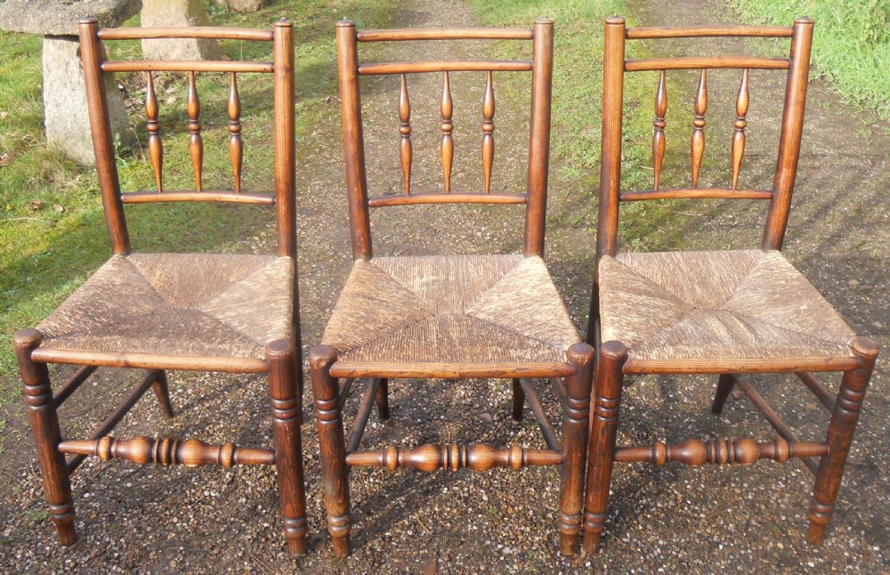 Set of Three Victorian Elm Spindle back Rush Seat Chairs  View III