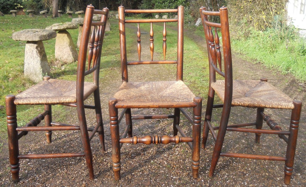 Set of Three Victorian Elm Spindle back Rush Seat Chairs  View IV