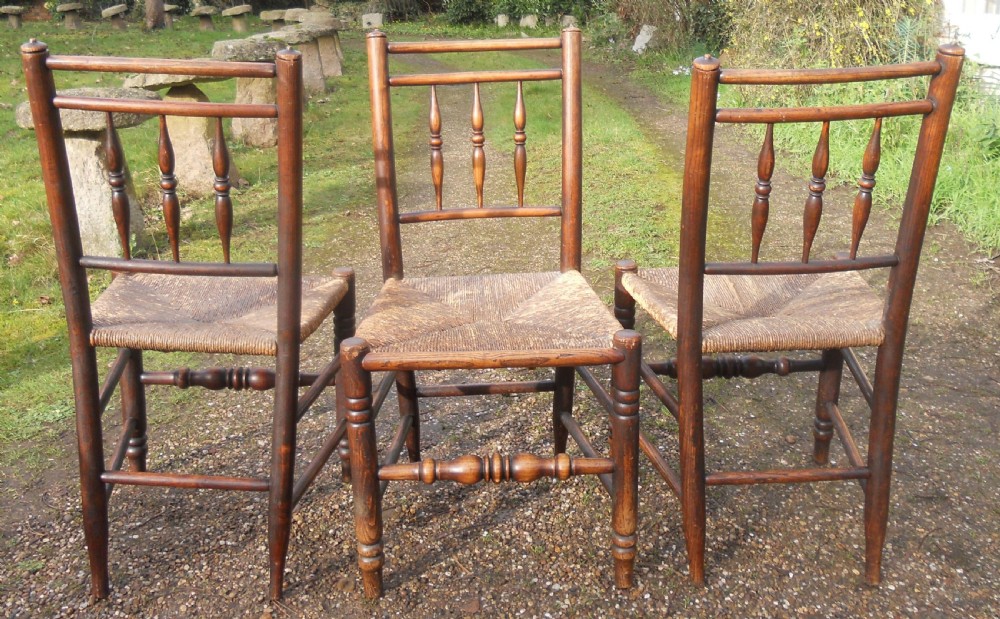 Set of Three Victorian Elm Spindle back Rush Seat Chairs  View V
