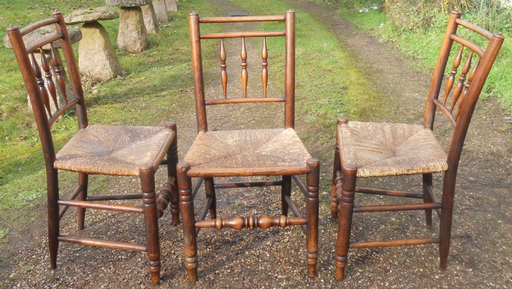 Set of Three Victorian Elm Spindle back Rush Seat Chairs  View VI